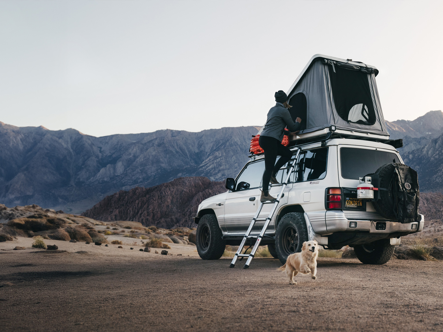 Landscape image showing car camping, with person and dog, and mountains in the background